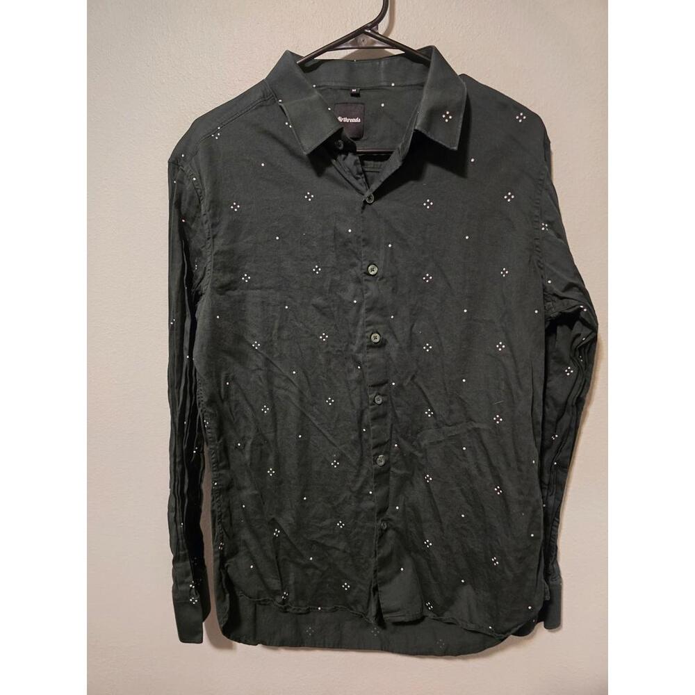 Airthreads Dark Green White PolkaDot Design Button Down Dressy Long Sleeve (M)